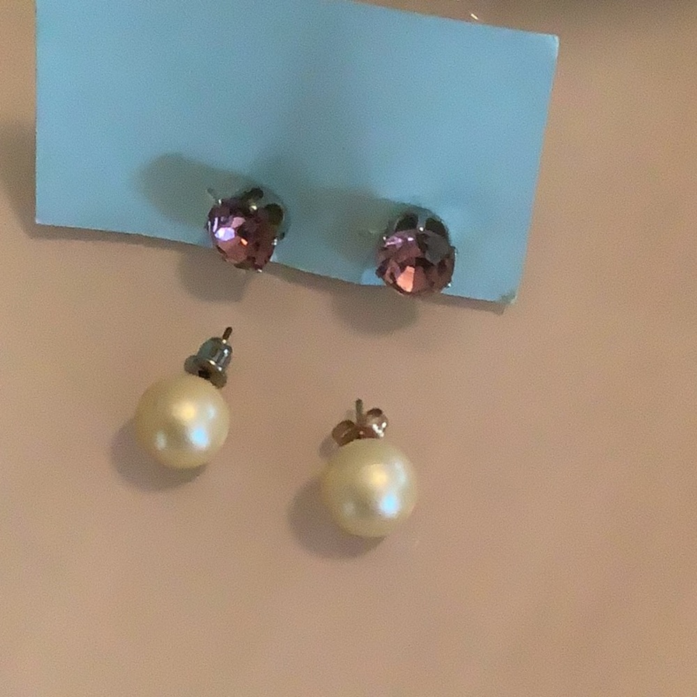 Pierced earrings studs pearls and purple stones 2 pair bundle